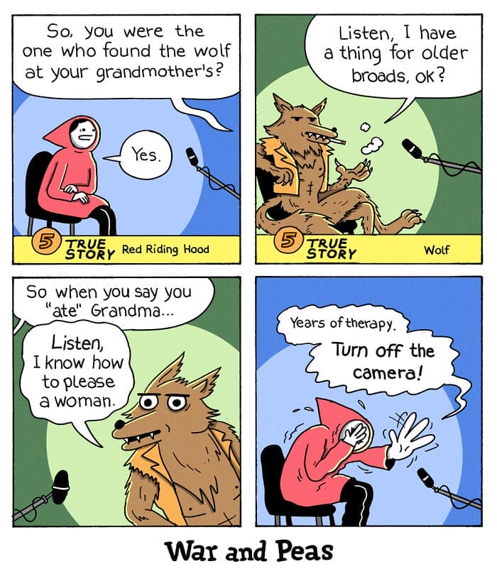 Comic strip of the Grim Reaper struggling with everyday life, holding a coffee at Starbucks